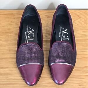 AGL Women's Burgundy Maroon Almond Toe Leather Loafer Size 10.5